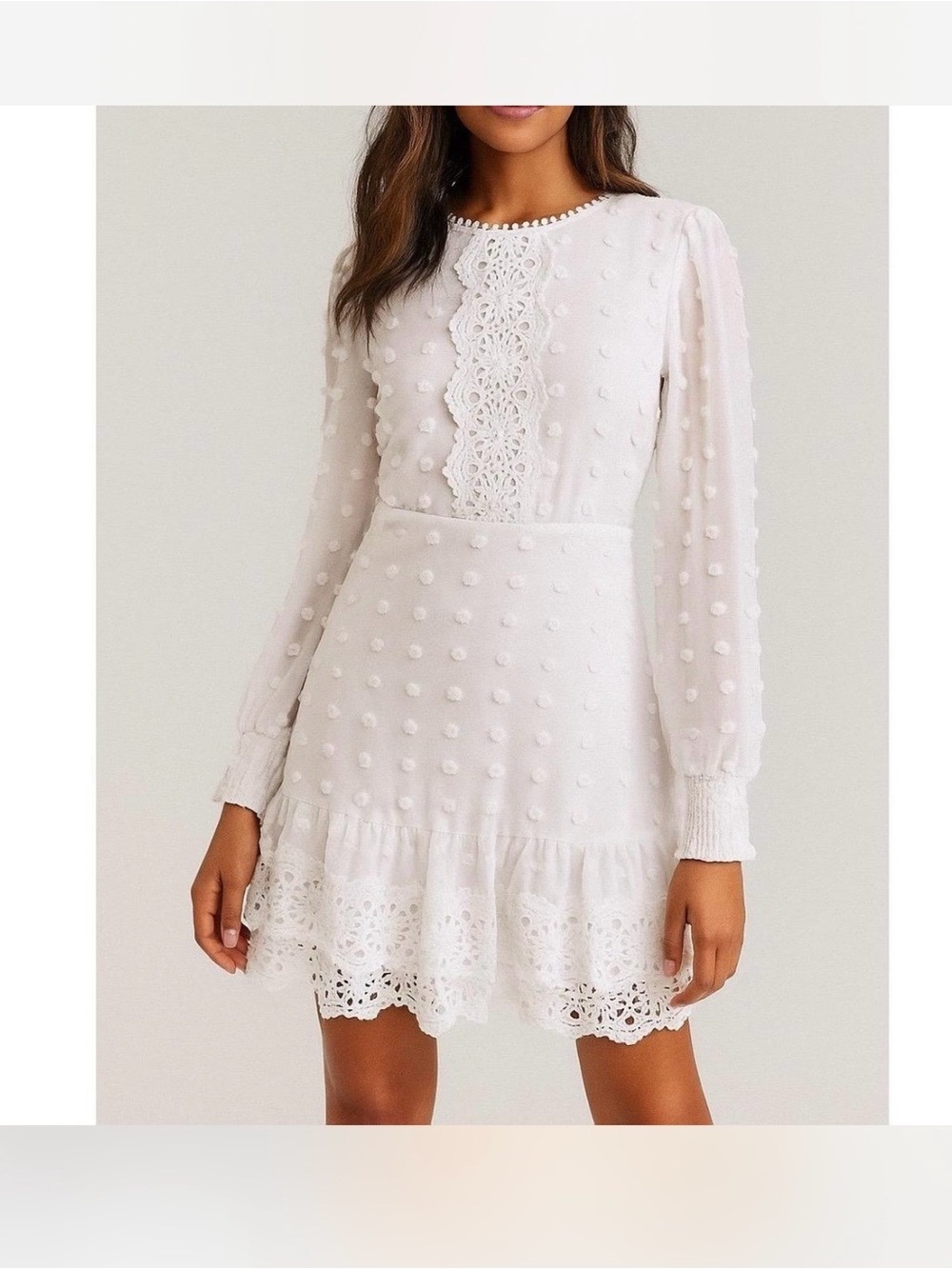 Beautiful Classy White Swiss Dot Lace-Trim Mini Dress